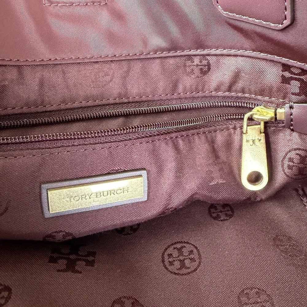 Tory Burch Ella Large Tote Bag Burgundy Nylon Leather Logo Shoulder Handbag